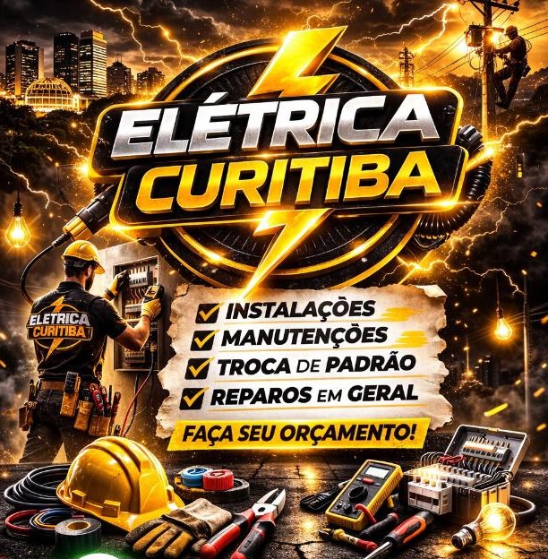 Arte promocional do próprio negócio Elétrica Curitiba com lista de serviços (instalações, manutenções, troca de padrão, reparos) e chamada para orçamento, ideal